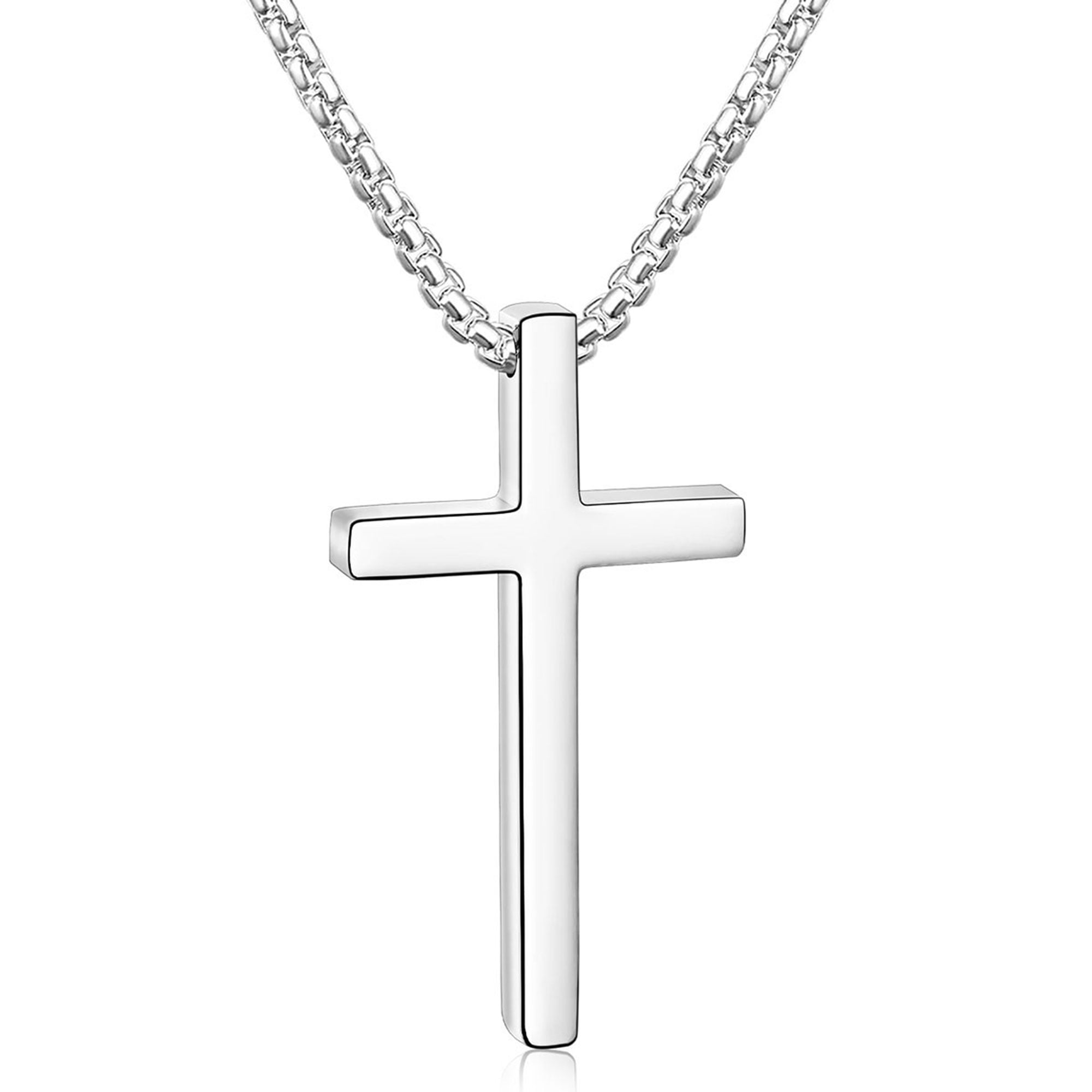 APSVO Silver Cross Necklaces for Men Boys Stainless Steel Cross Pendant Chain Catholic Religious Christian Birthday First Communion Confirmation Graduation Fathers Day Jewelry Gifts Teen Dad Him Kids