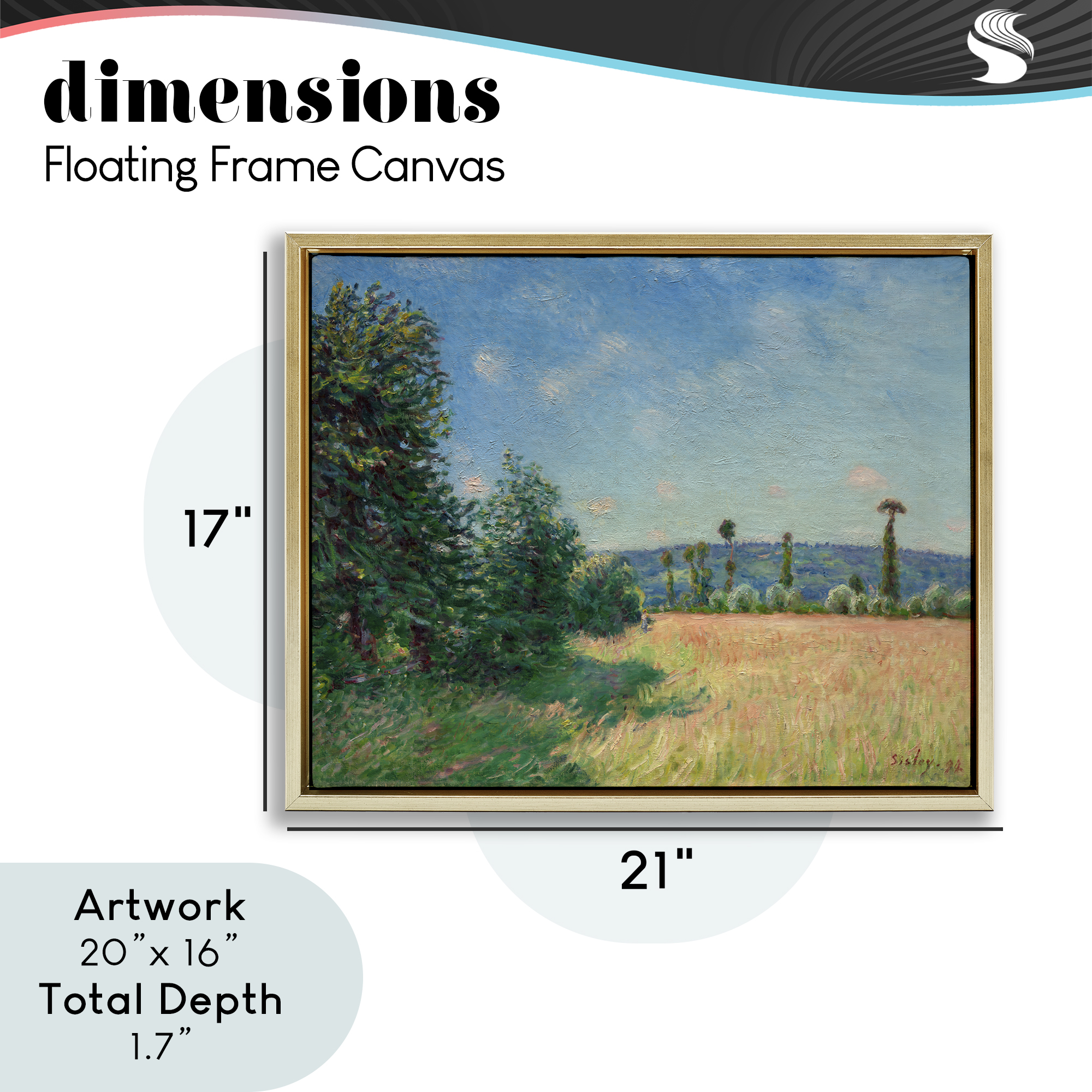 Sahurs Meadows in Morning Sun Gold Framed Floater Canvas Wall Art, design by Alfred Sisley