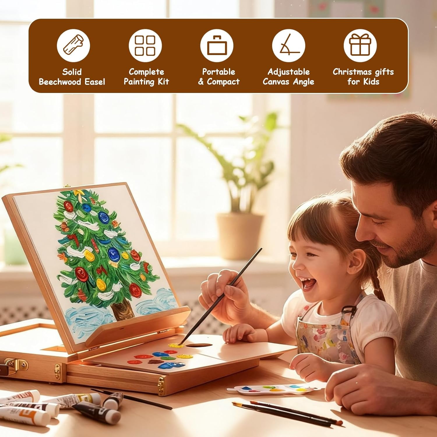 LAVFOX 29-Piece Acrylic Paint Set with Tabletop Wood Easel, Complete Painting Kit with 12 Colors, Canvas Panels, Brushes, and Palette for Artists, Gift Set