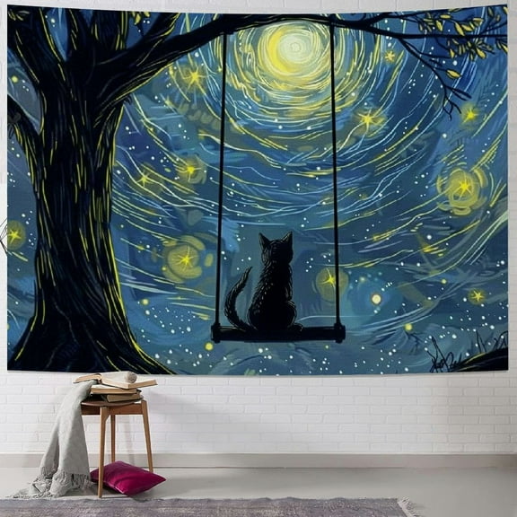 BCIIG Cute Cat Tapestry Wall Haning for Girls Bedroom, Starry Night Yellow Blue Backdrop Moon Stars Galaxy Tapestries Wall Art Deocr, Fantasy Animal Tapestry for Bedroom Living Room College Dorm Home