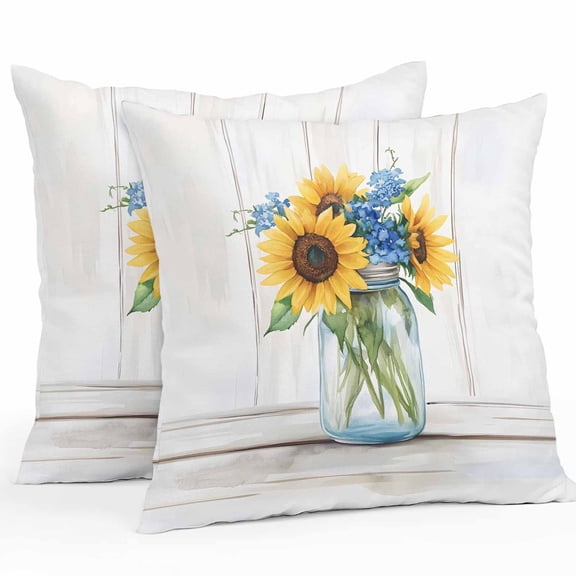 Outdoor Waterproof Pillow Covers Pack of 2, Summer Sunflower Watercolor Flower Wooden Board Decorative Throw Pillowcases Cushion Covers for Garden Patio Tent Sofa Couch, 26x26 inch
