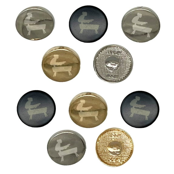 Gymnastics Gymnast Vault Solid Set of 10 Metal 0.6" (15mm) Sewing Shank Round Buttons - Silver Color