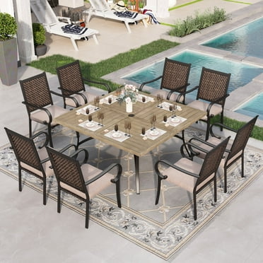 Sophia & William 9-piece Outdoor Patio Dining Set with Large Square Wood-like Metal Table and Wicker Rattan Chairs for 8-Person