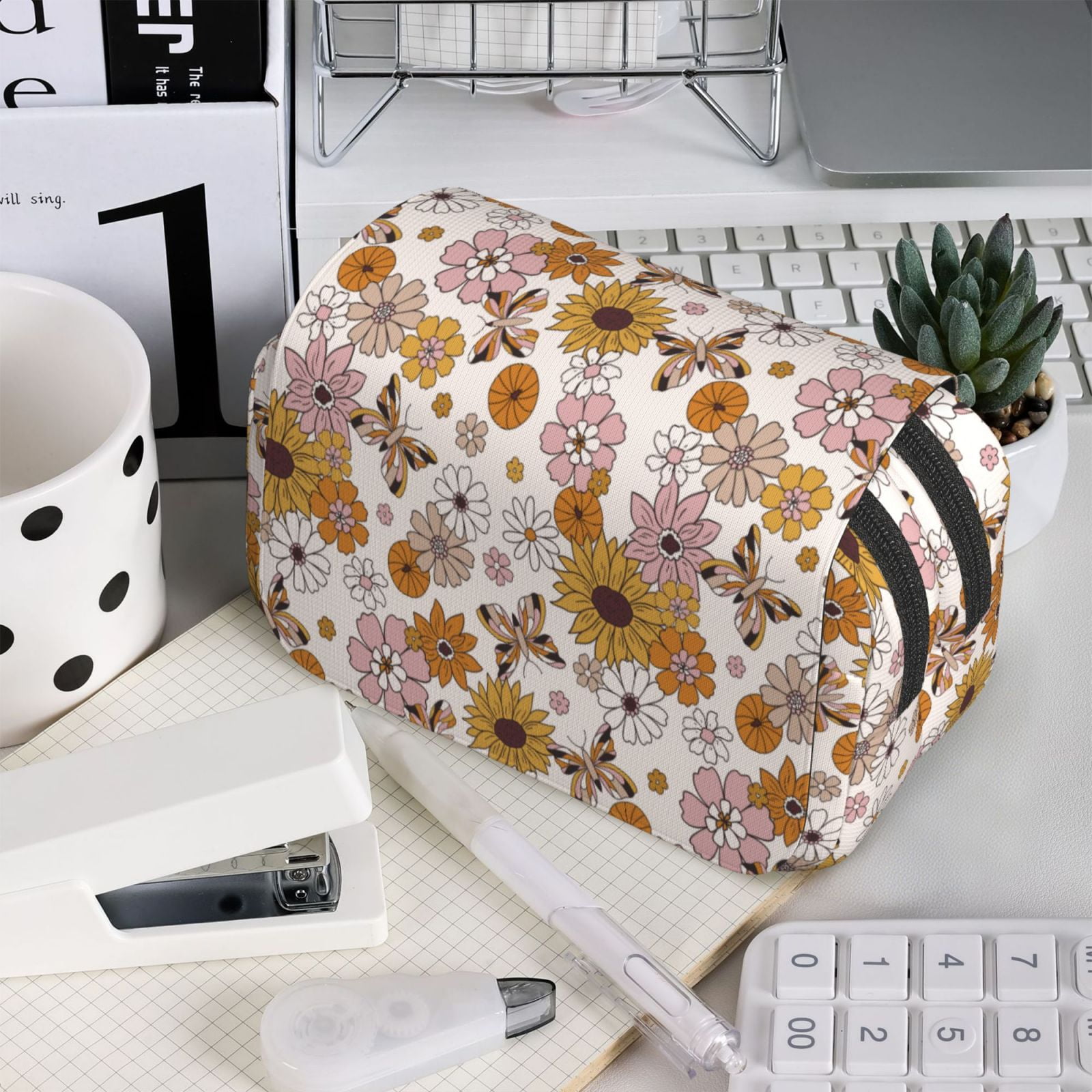 Rateoe Sunflowers And Butterflies Pattern Double Clamshell Pen Case, Storage Organizer with Two Zipper Compartments– Holds Up to 50 Pencils & Pens