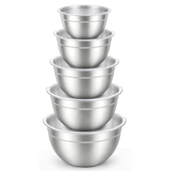 TINANA Stainless Steel Mixing Bowls with Lids, 5 Pack Nesting Kitchen Bowls, Clear Lids, Metal Food Storage Bowls, 0.75-4.5 Qt