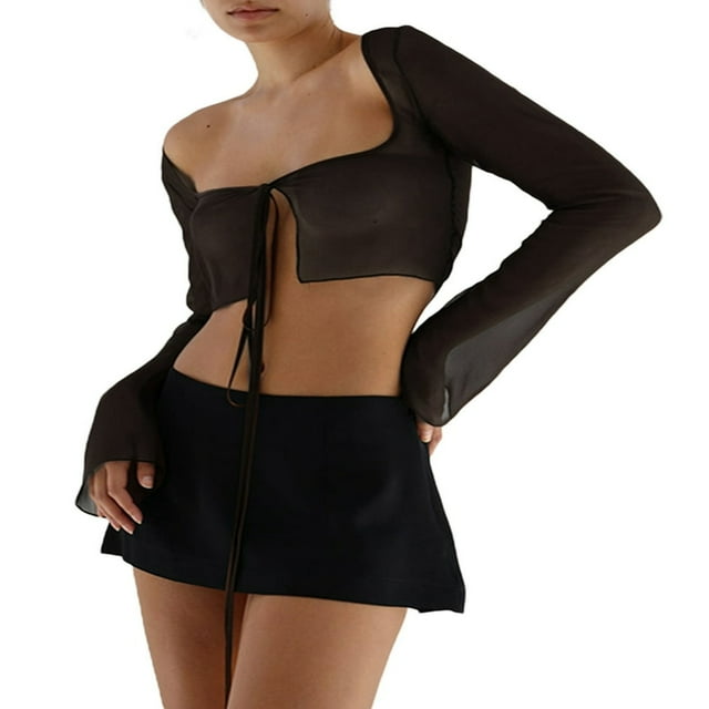 Women‘s Crop Tops Long Sleeve Mesh Sheer Solid Color Tie-Up Cardigan