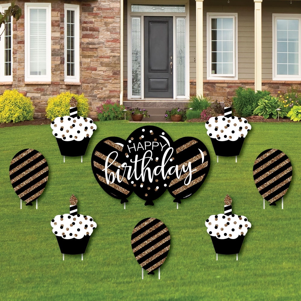 Adult Happy Birthday Gold Cupcake and Balloon Yard Sign and Outdoor