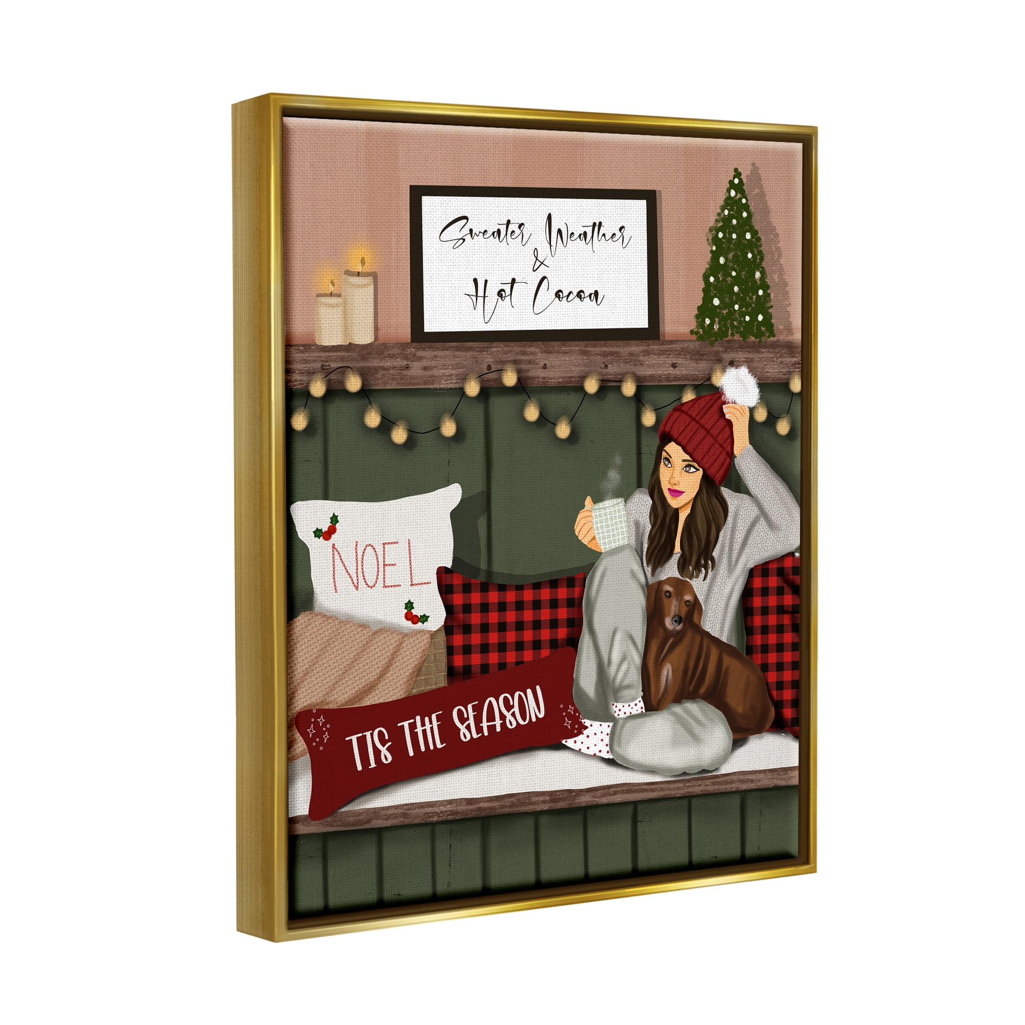 Stupell Industries Cozy Girl with Christmas Phrases Holiday Painting Gold Floater Framed Canvas Art Print Wall Art, 25 x 31
