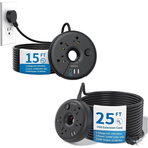 Extra Long Extension Cord 15 ft, Extension Cord 25 ft Flat Plug Power Strip with 3 Outlets 3 USB Ports(1 USB C), Flat Plug Extension Cord, Extension Cord with Multiple Outlets for Lndoor,