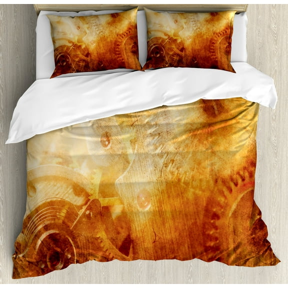 Industrial Duvet Cover Set, Background of Machinery Mechanism in Retro Colors Historical Rust Motion, Decorative 3 Piece Bedding Set with 2 Pillow Shams, King Size, Orange, by Ambesonne
