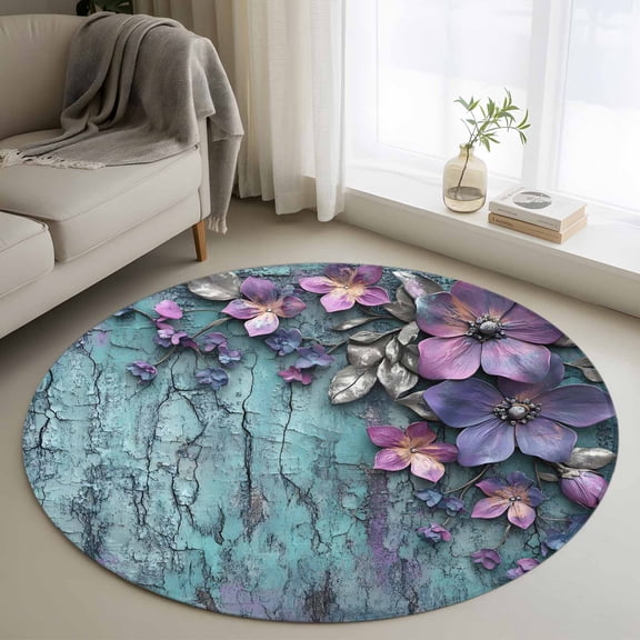 Round Rugs 4Ft, Purple Floral Round Area Rug Washable Indoor Throw Carpet, Vintage Cracked Wall Country Rustic Soft Non Slip Circle Rug for Kitchen Nursery Room Home Decor Aesthetic