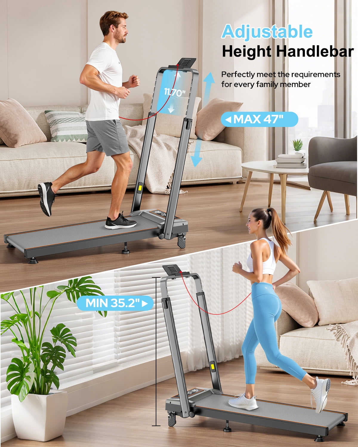 Walking Pad with 12% Incline/Adjustable Height Handle Bar, Upgraded 3.5HP Walking Pad with Handle Bar, 4 in 1 Foldable Treadmill with Incline, Electric Portable Treadmills for Home 350LBS, LED Displa