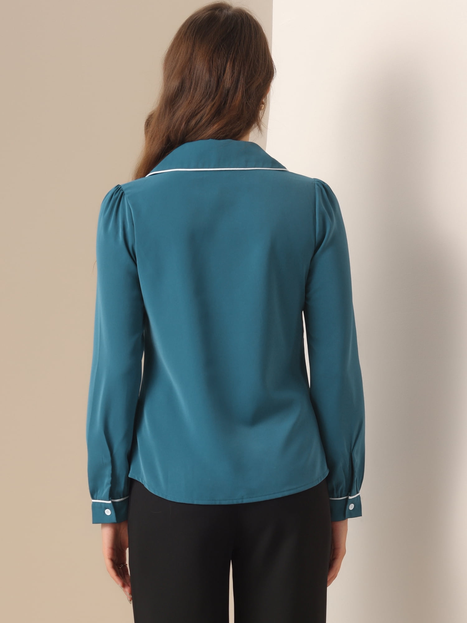 DARING DIVA Women's Peter Pan Collar Puff Sleeve Work Blouse XS Blue Green