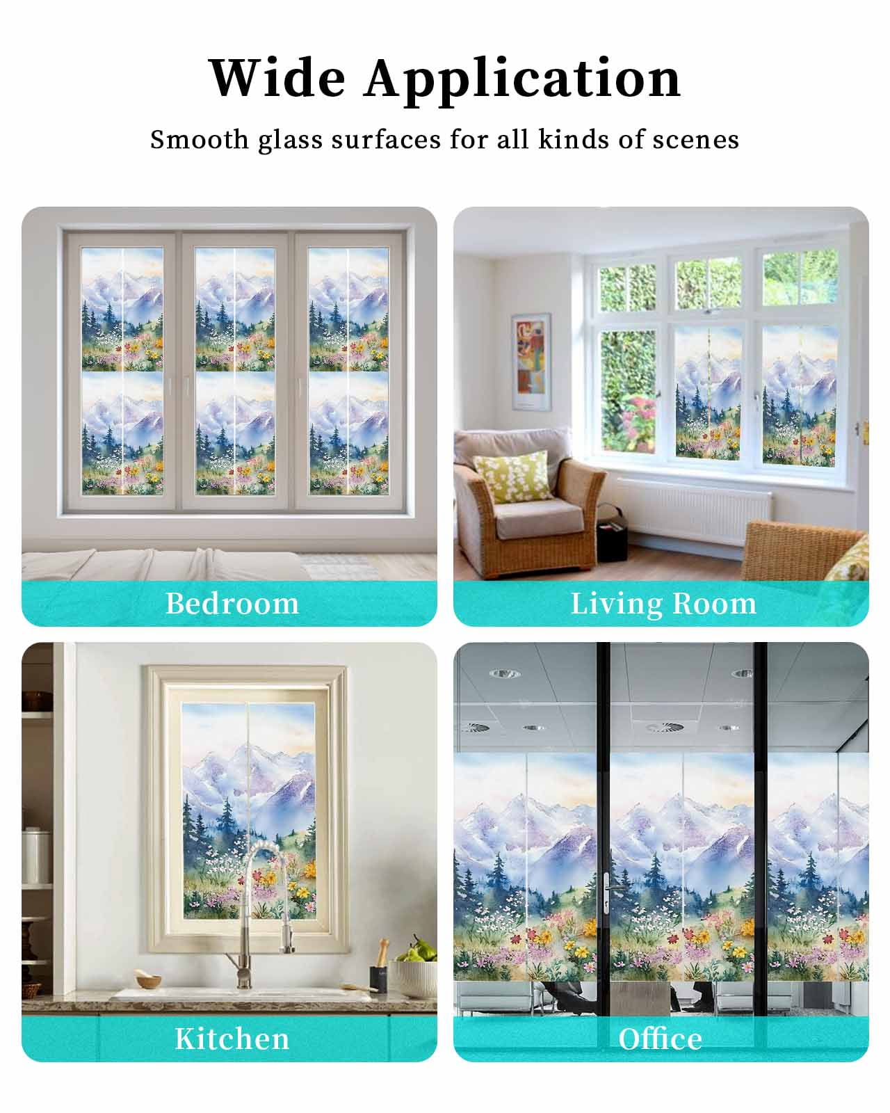 Window Privacy Film Forest Mountains Stained Glass Window Film Decorative Sun Block Window Cover Watercolor Natural Flower Tree Window Clings Static Adhesive Sticker for Bathroom 23.6"x59"