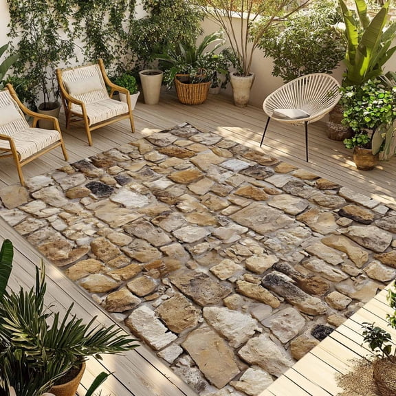 Brown Beige Stones Outdoor Rug for Patio/Deck/Porch, Non-Slip Large Area Rug 3 x 5 Ft, Farmhouse Stones Modern Art Indoor Outdoor Rugs Washable Area Rugs, Reversible Camping Rug Carpet Runner