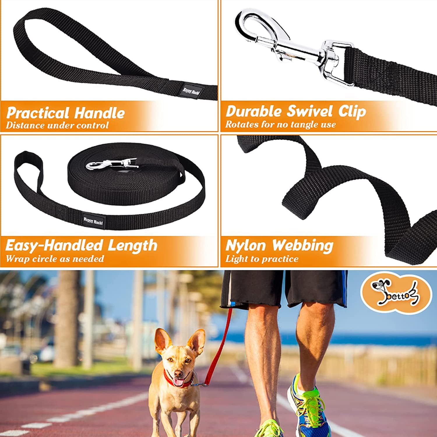 High Visibility Climbing Strength Rope Leash Check Cord Dog Recall Training Leash Wander Heavy Duty 30 Foot Long Dog Leash Nickel Plated Swivel Clasp/Clip Provides for Tangle Free Use 
