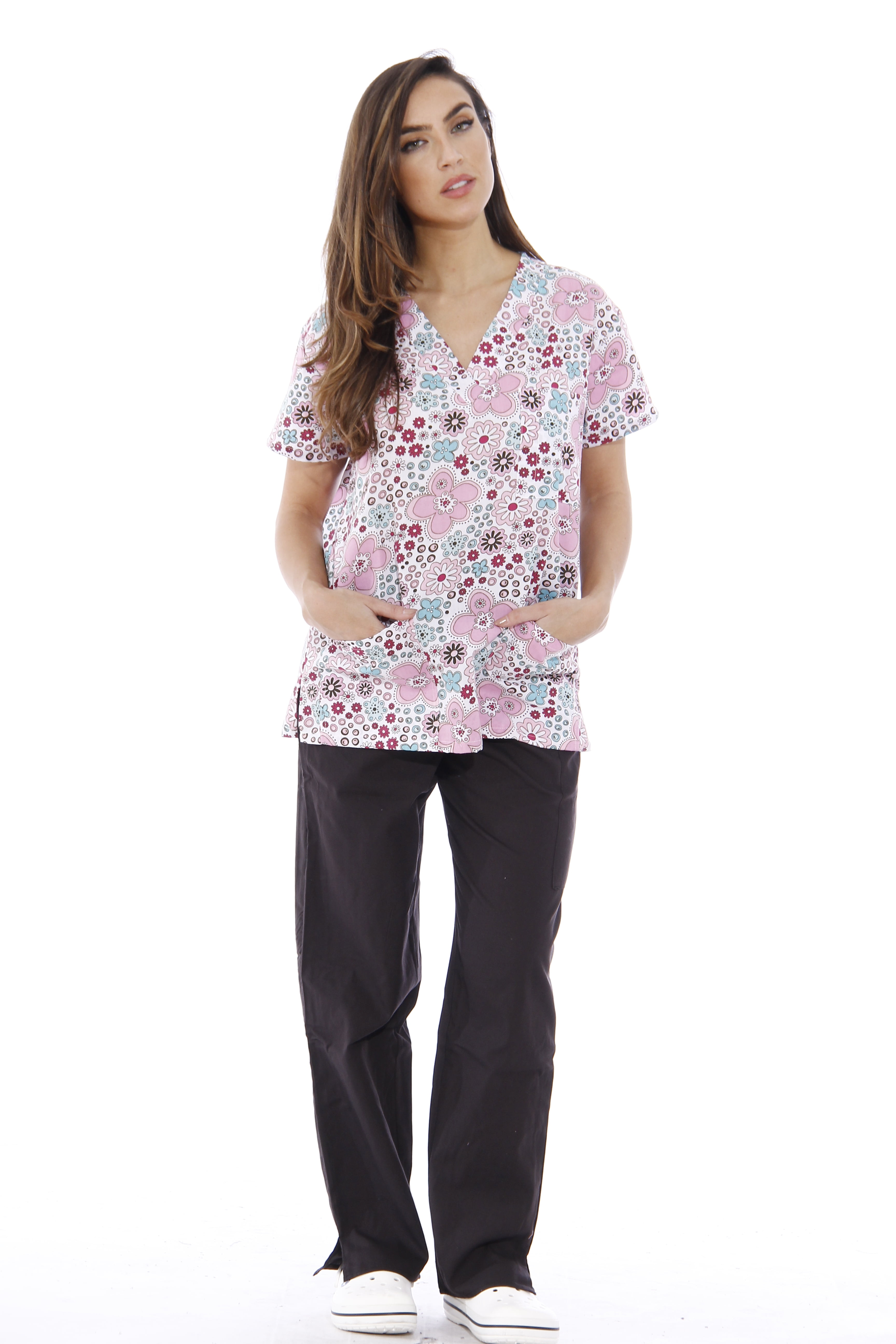 Just Love Nursing Scrubs Set For Women Print Scrubs V Neck White Flower With Black Pants 6074