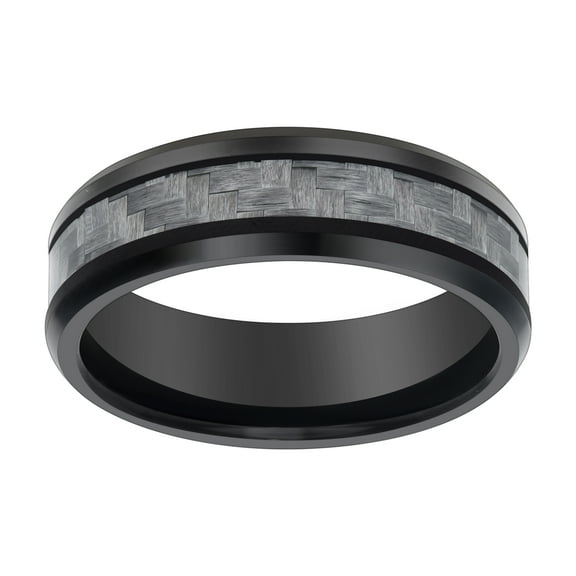 Men's Black Tungsten Beveled Edge w/ Grey Carbon Fiber Inlay Comfort Fit 8mm Wedding Band | Size 7