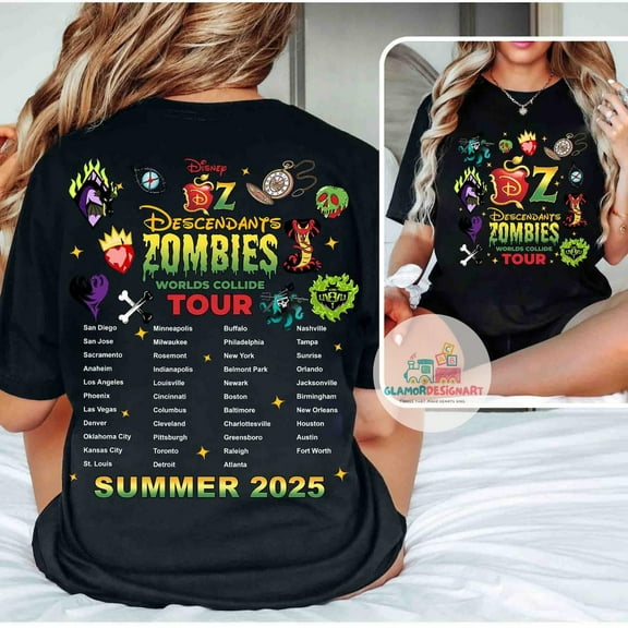 Two-sided Disney Descendants Zombies Worlds Collide Tour Shirt, Disney Channel Descendant Zombies World Tour Concert Music Festival Fan Gift