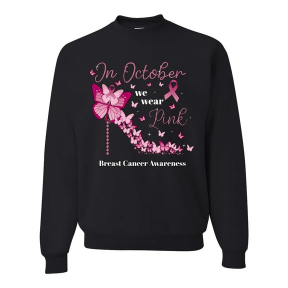 Wild Bobby In October We Wear Pink Diamond Heel Breast Cancer Awareness Unisex Crewneck Sweatshirt, Black, Small