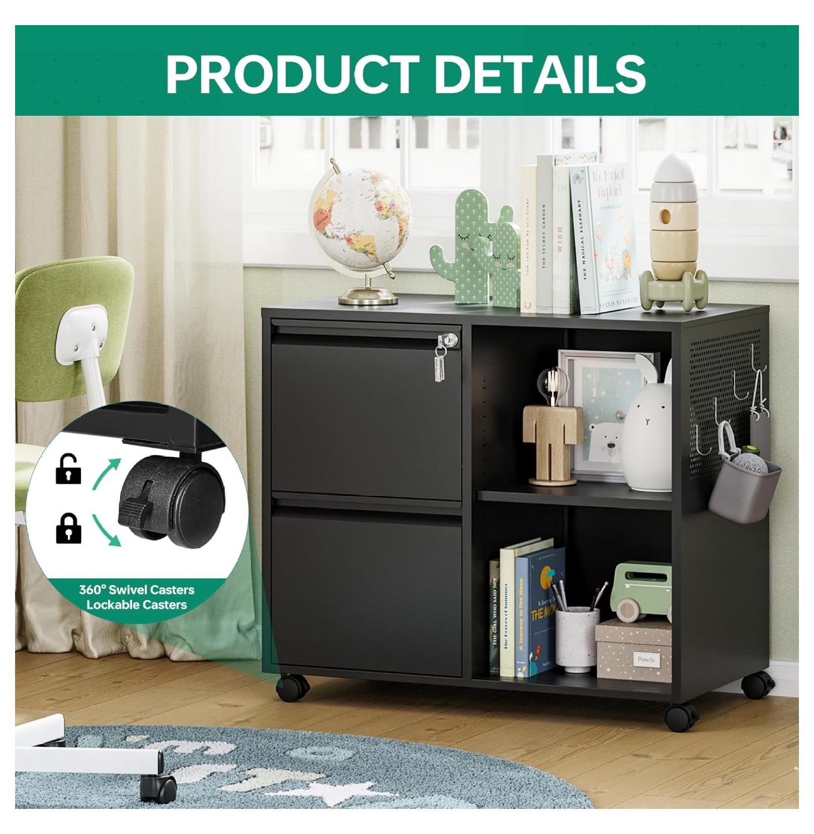 WDZS Mobile File Cabinet, Metal Lateral Rolling Printer Stand Filing Cabinets with Shelves for Home Office-Storage A4/F4/Letter (Black)