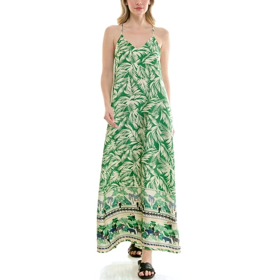 Tropical border print, full sweeping, satin maxi slip dress with built in shelf bra and pockets.,S-XL