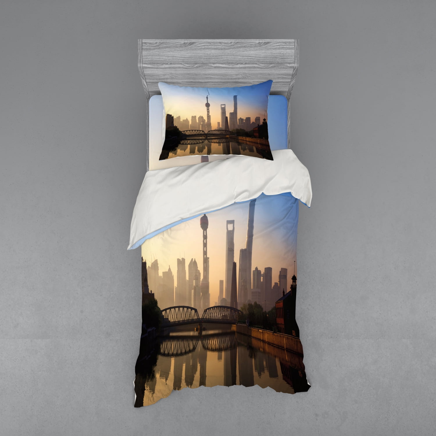 Landscape Duvet Cover Set Shanghai Skyline At Sunrise With