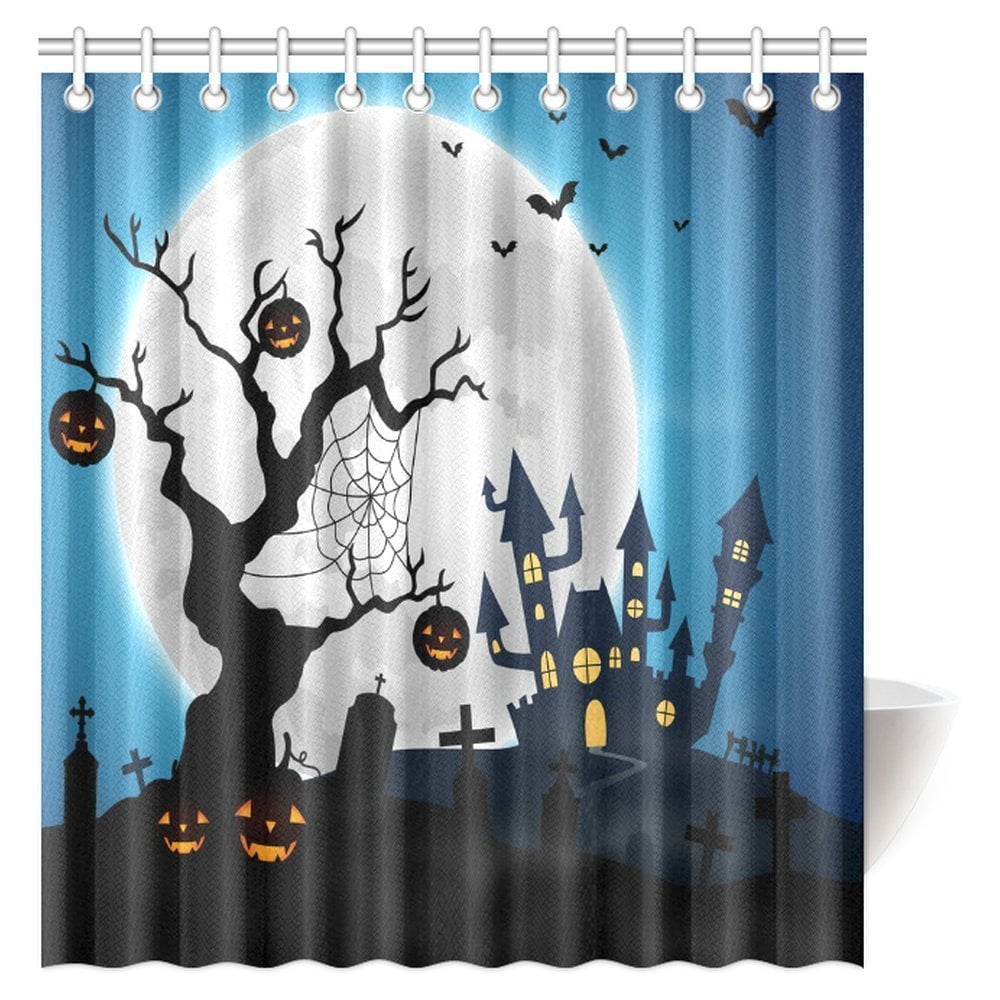 MYPOP Happy Halloween Shower Curtain, Halloween Night with Pumpkins ...