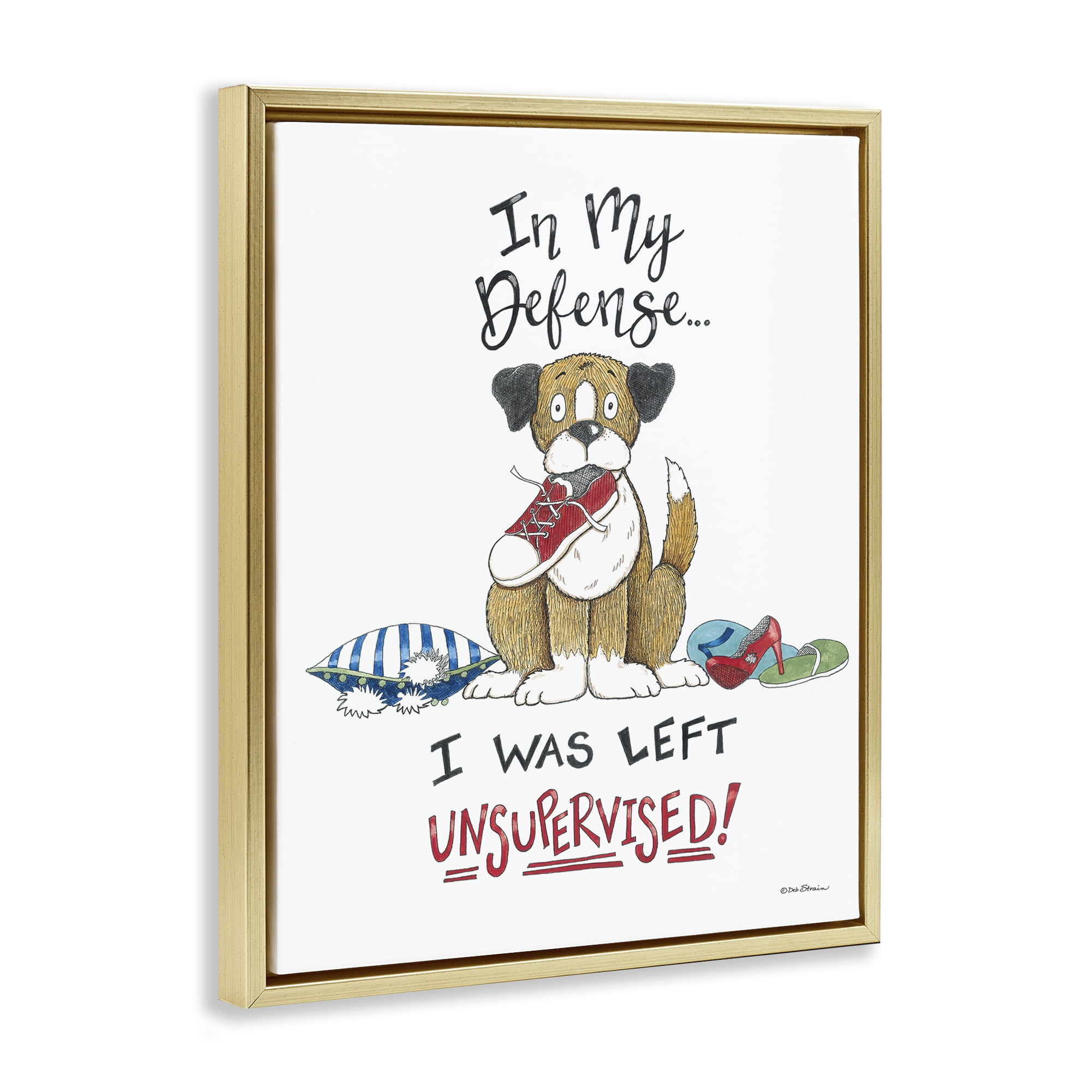 Stupell Industries Left Unsupervised Dog Animals Painting Gold Floater Framed Canvas Art Print Wall Art, 17 x 21
