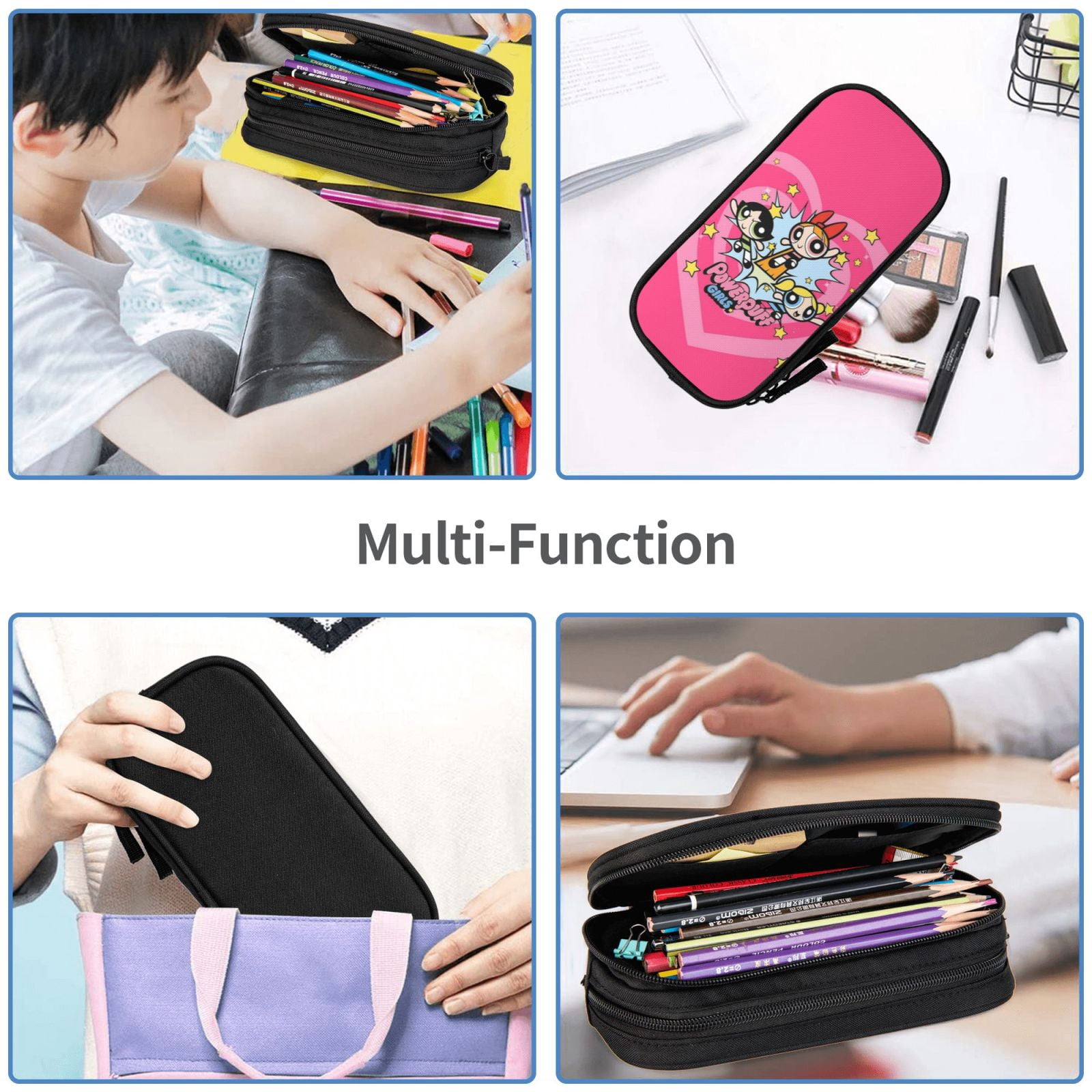 The Powerpuff Gi-rls Pencil Case Large Capacity Pencil Pouch Pen Bag Office Stationery Organizer Travel Makeup Bag Black