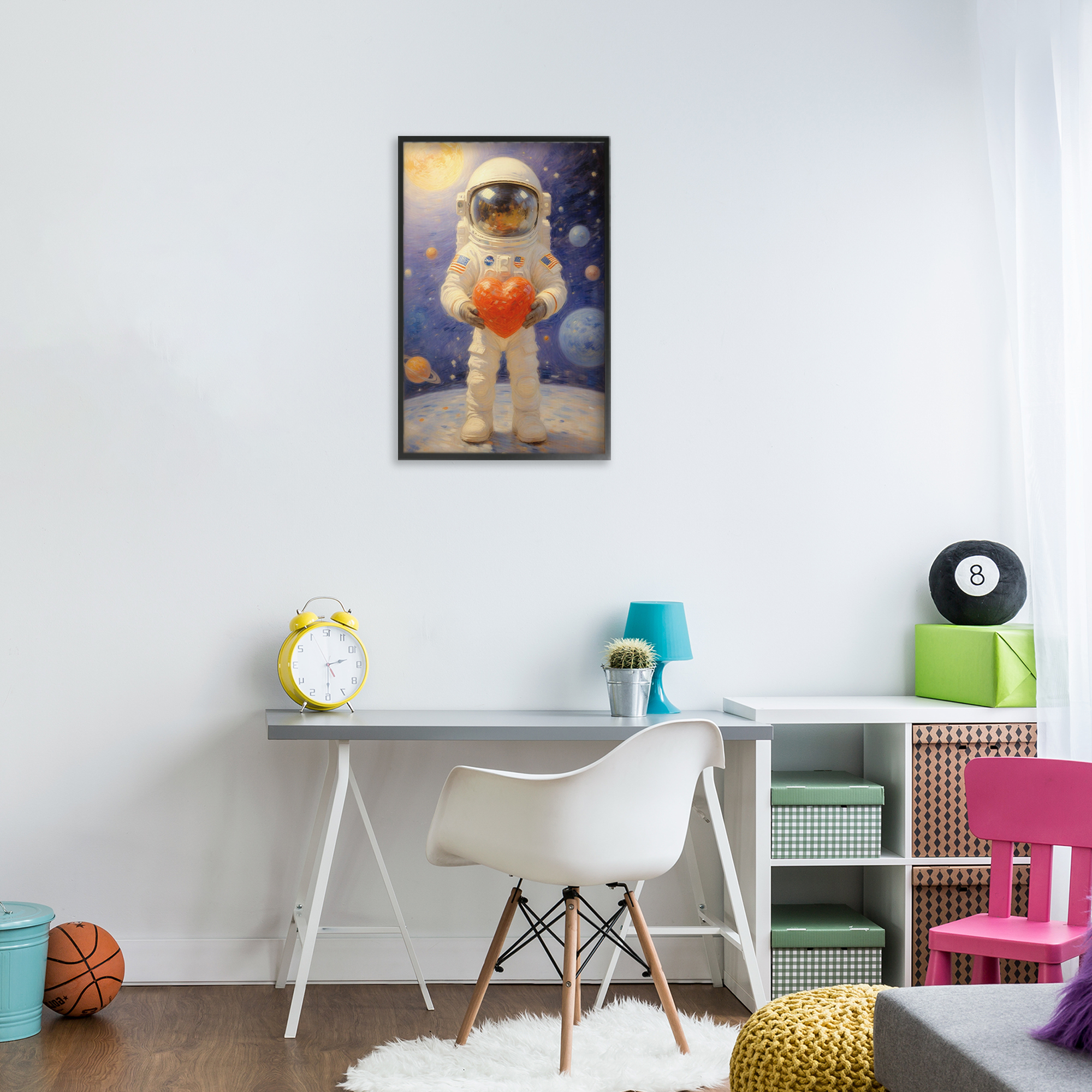 Astronaut Holding Heart Black Framed Giclee Art, design by Angie Hawke