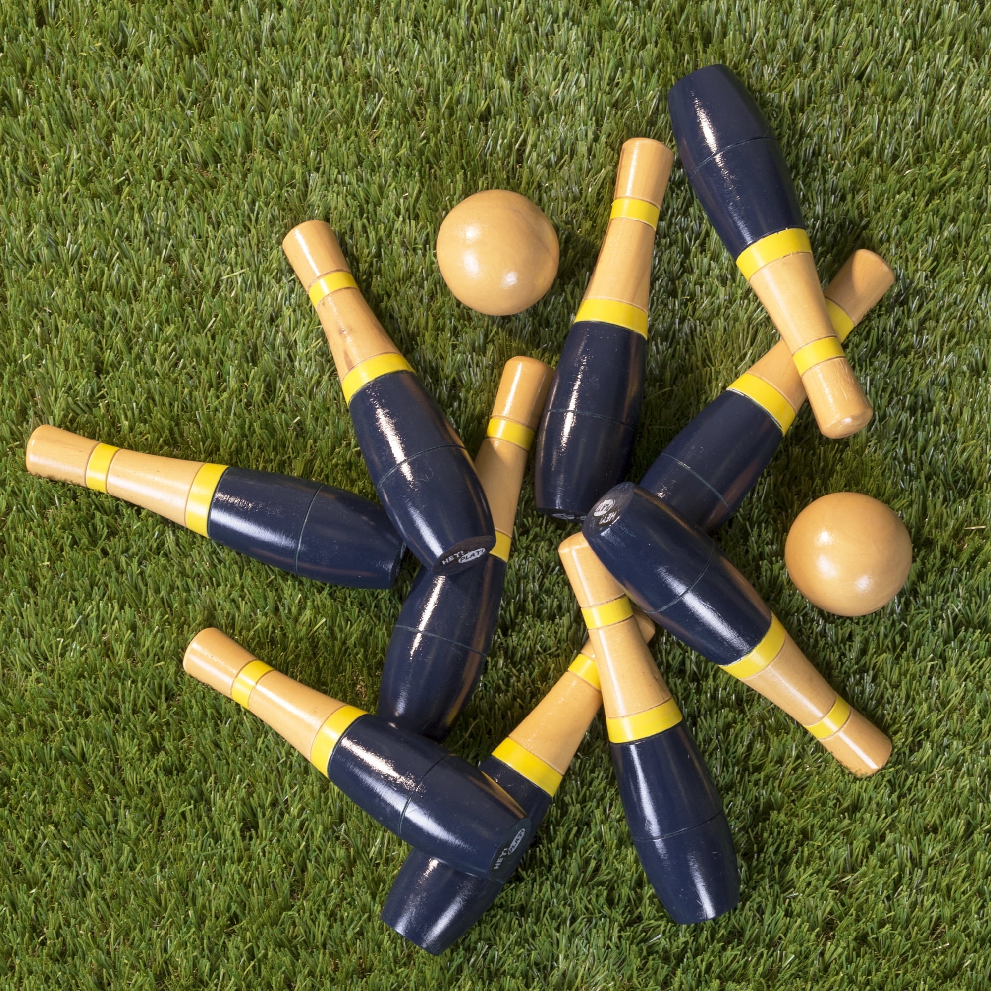 Lawn Bowling Game/Skittle Ball- Indoor and Outdoor Fun for Toddlers, Kids, Adults –10 Wooden Pins, 2 Balls, and Mesh Bag Set by Hey! Play! (8 Inch)