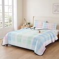 thumbnail image 2 of Twin Quilt Set 68''x86'', Blue Pink Plaid Lightweight Summer Bedspread Coverlet Set with 2 Pillow Shams, Pastel Green White Buffalo Patchwork Breathable All Season Quilt Bedding for Dorm/Bedroom, 2 of 9