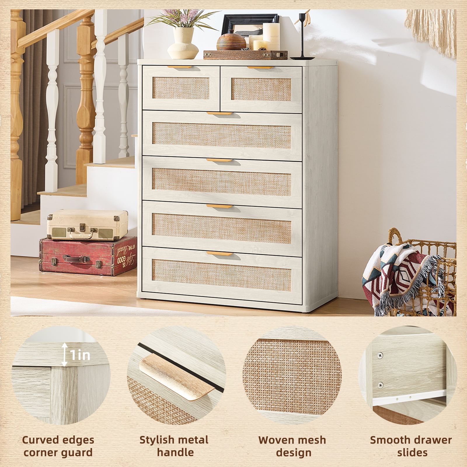6 Rattan Drawer Dresser, Rustic White Dressers for Bedroom with Chest of Drawers, Wooden Cabinet for Bedroom, Living Room, Entryway