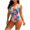 thumbnail image 2 of One Piece Swimsuits for Women Built-in Padded Cups Tropical Palm Print V Neck Backless Monokini Tummy Control Bathing Suits High Cut Flattering Beachwear, 2 of 5