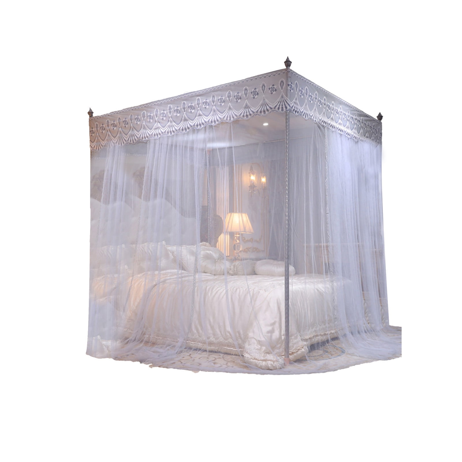 Zzbeans Princess Bed Canopy, 3 Door Lace Mosquito Net for Bedroom, Romantic Floor-Length Ruffled Bed Canopy for Girls Room Decoration, Gray