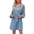 thumbnail image 1 of Gibobby Vestido de manga larga para mujer Vestido de moda e informal de color sólido con cuello en V y empalme en la cintura para mujer Ropa de otoño e invierno(Azul,M), 1 of 5