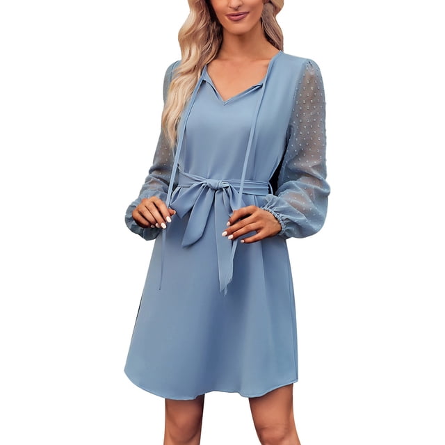 Gibobby Vestido de manga larga para mujer Vestido de moda e informal de color sólido con cuello en V y empalme en la cintura para mujer Ropa de otoño e invierno(Azul,M)