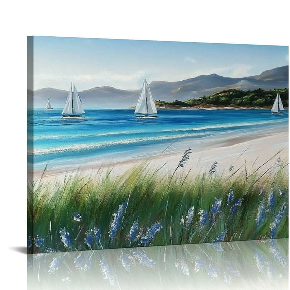 Patifu Seascape Teal Ocean Sailboat Picture - Modern Turquoise Coastal Nautical Painting  Artwork for Home Decor Coastal Wall Art Print  20x16in