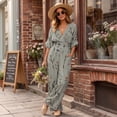 thumbnail image 5 of Women's One Piece Jumpsuits Casual V-Neck Short Sleeve Wide Leg Rompers Summer High Waist Beach Vacation Outfits with Pockets, 5 of 7