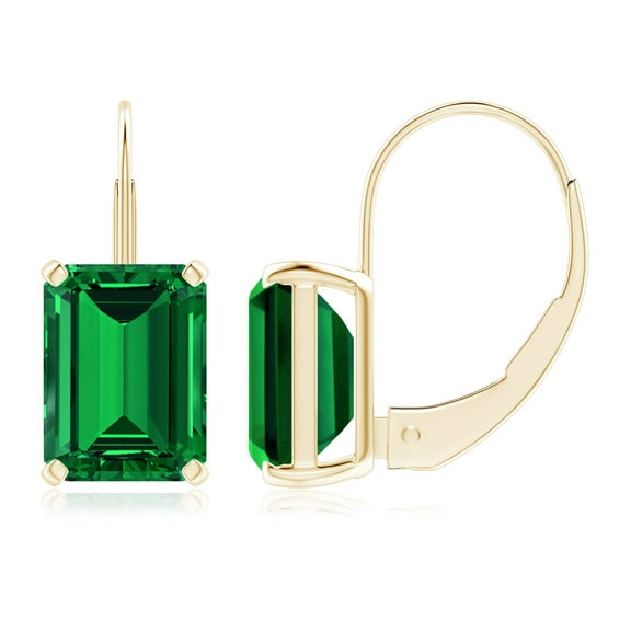 ANGARA Emerald-Cut Lab Grown 3 Ct Emerald Solitaire Leverback Earrings for Women in 14K Yellow Gold (Size-8x6mm) | May Birthstone, Anniversary, Jewelry Gift for Women | Lab-Grown Emerald Earrings