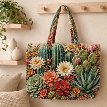 Cactus Garden Personalized Quilted Tote Bag, Colorful Cactus Floral Tote Bag, Desert Bloom Tote, Custom Tote Bag