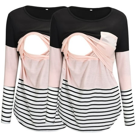 

koaiezne Womens Maternity Long Sleeve Crew Neck Striped Printed Nursed Tops T Shirt For Breastfeeding 2 Pack Maternity Valentines Shirt Long Sleeve Maternity Shirt for Leggings