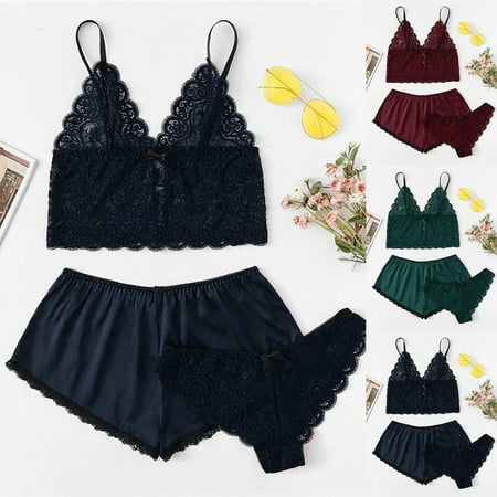 

Rong Yun Silk Pajamas Sexy Satin Lingerie Lace Shorts Set Women Underwear Sleepwear S-XL(Buy 2 Get 1 Free)