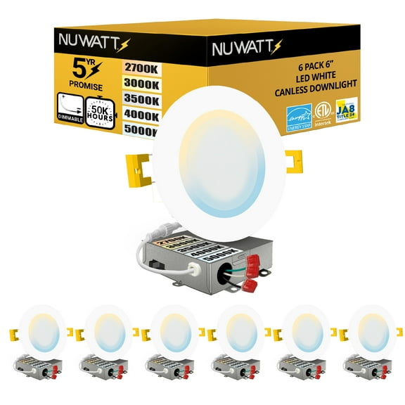 NUWATT 6 Pack, 6 Inch Ultra-Thin LED Recessed Lighting, CCT 2700K/3000K/3500K/4000K/5000K Selectable, 1050LM, 15W, Dimmable, IC Rated, Wet Rated, White Trim Canless Slim Wafer Light with Junction Box