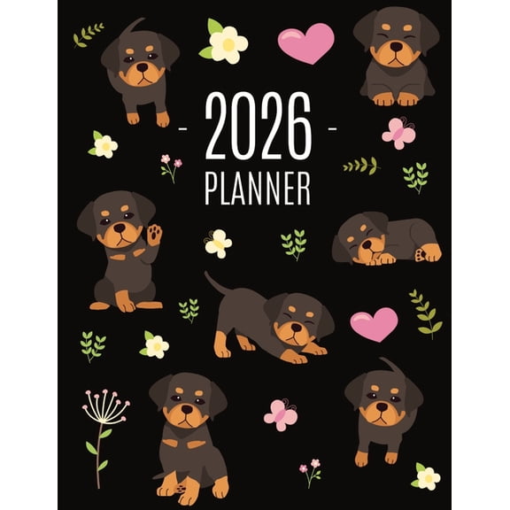Rottweiler Planner 2026: Organizer: January-December (12 Months) Cute Dog Year Scheduler with Pretty Pink Hearts, (Paperback)