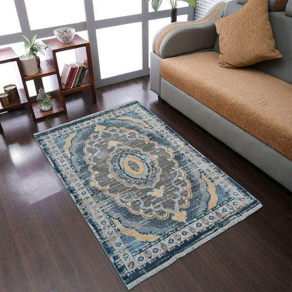 RUGSOTIC CARPETS Machine Woven Crossweave AREA RUGS - 5'x7'10'', Rectangle,Black Yellow,Classic Oriental Traditional , Low Pile Machine Made Area Rugs for Living Room, Bed Room (M00109)