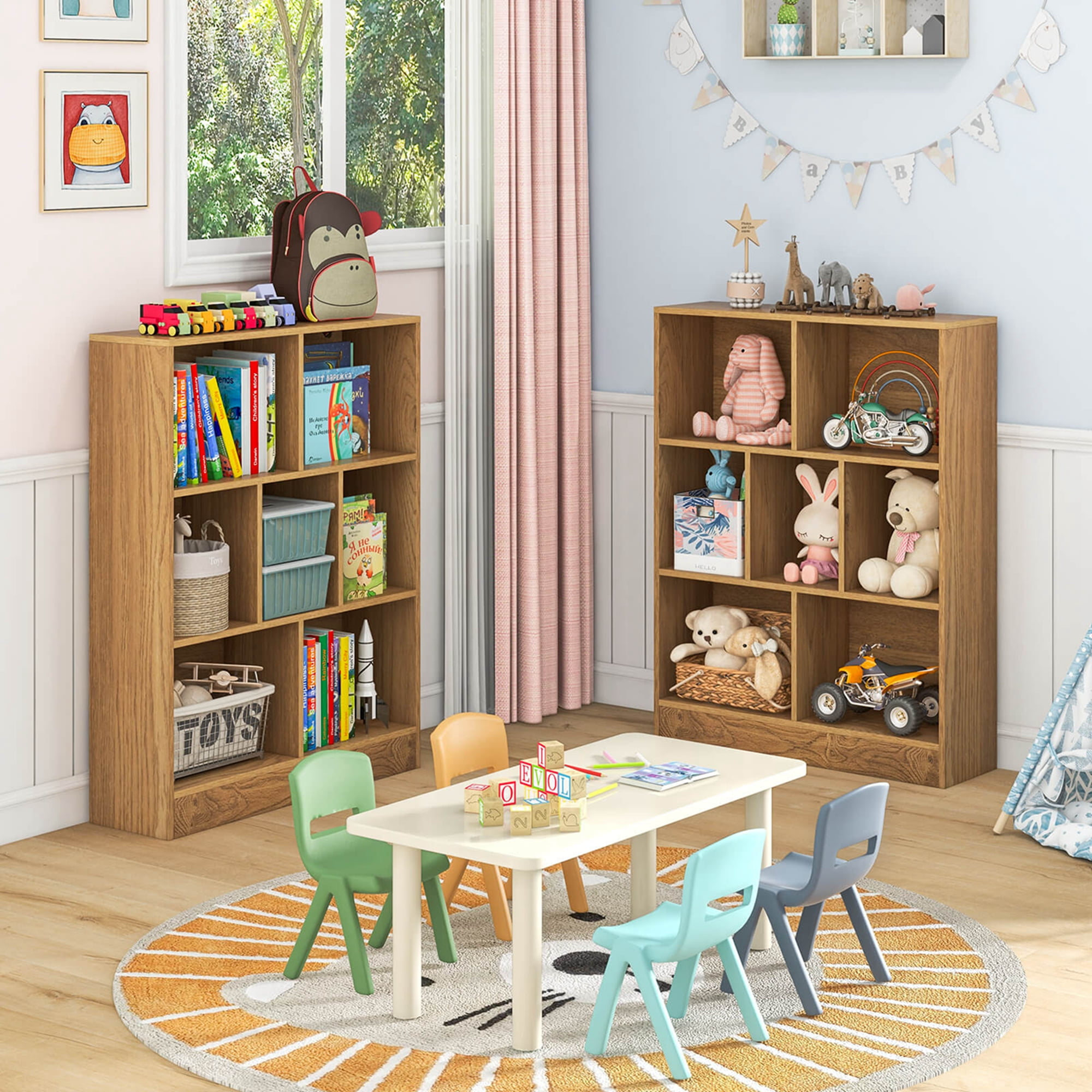 Costway 7-Cube Bookcase for Kids 41" Wooden Toy Storage Organizer Freestanding Bookshelf Brown