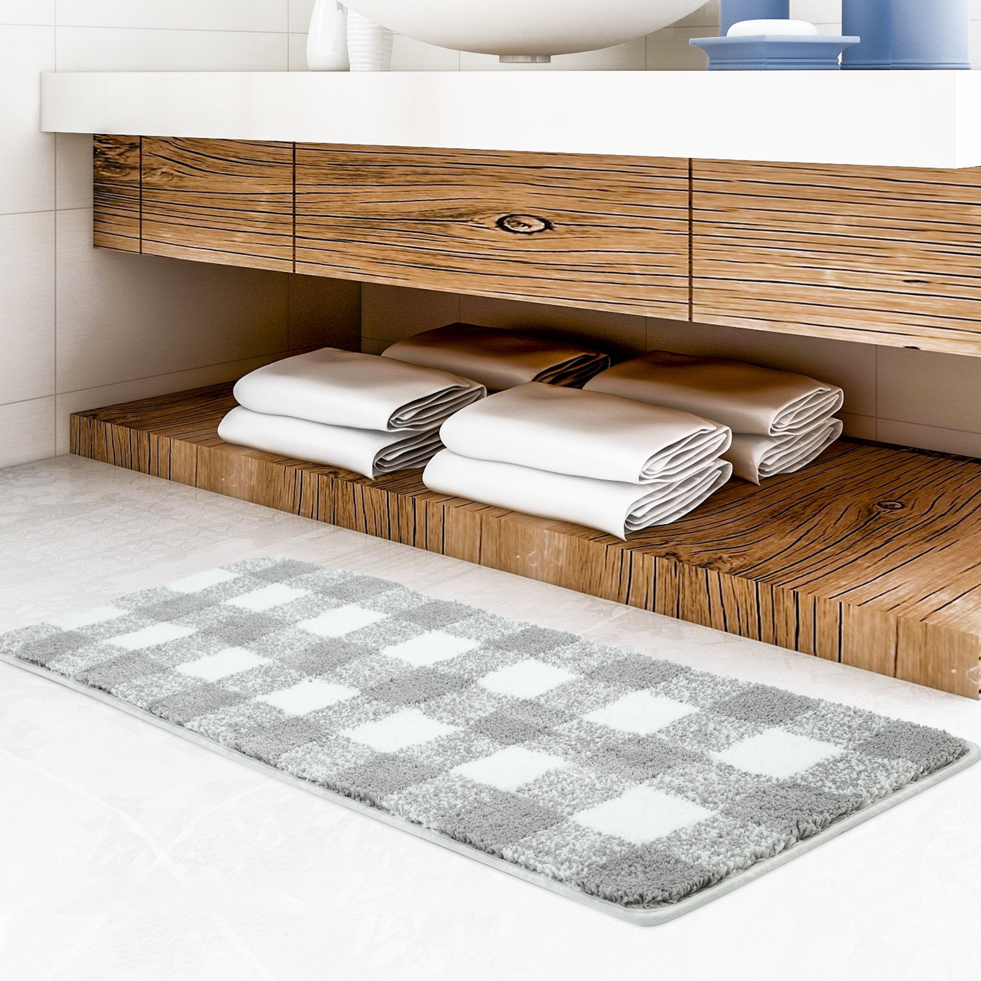REGALWOVEN Microfiber Plaid Bathroom Rugs, Extra Soft Fluffy Absorbent Bath Rug Gray & White 17"x47"