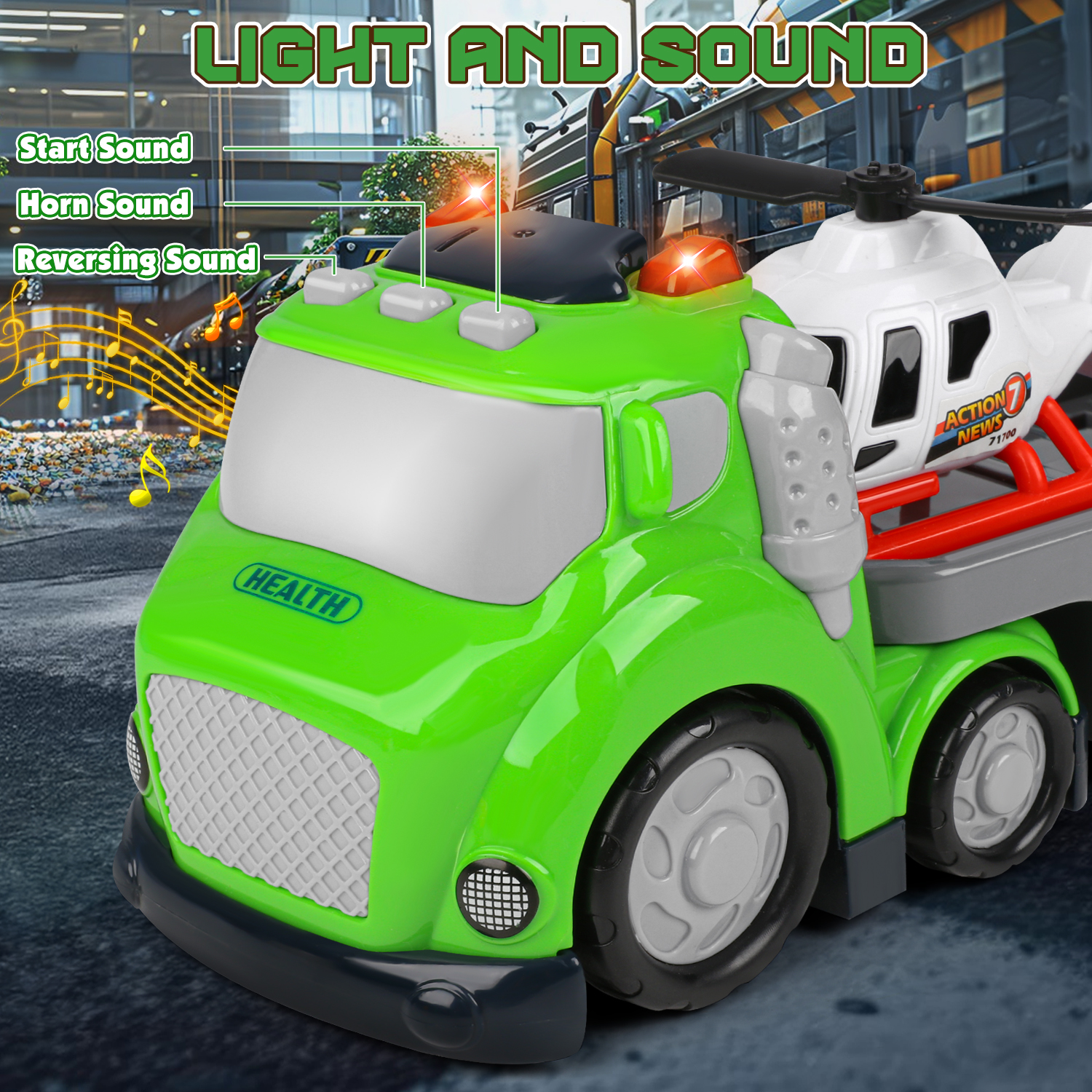 Hot Bee Garbage Recycling Carrier Truck Toy with Lights & Sounds, Sanitation Vehicle Toy for Boys Age 3+, Transport Trash Playset w/ Mini Cars Gift for Boys 3-5